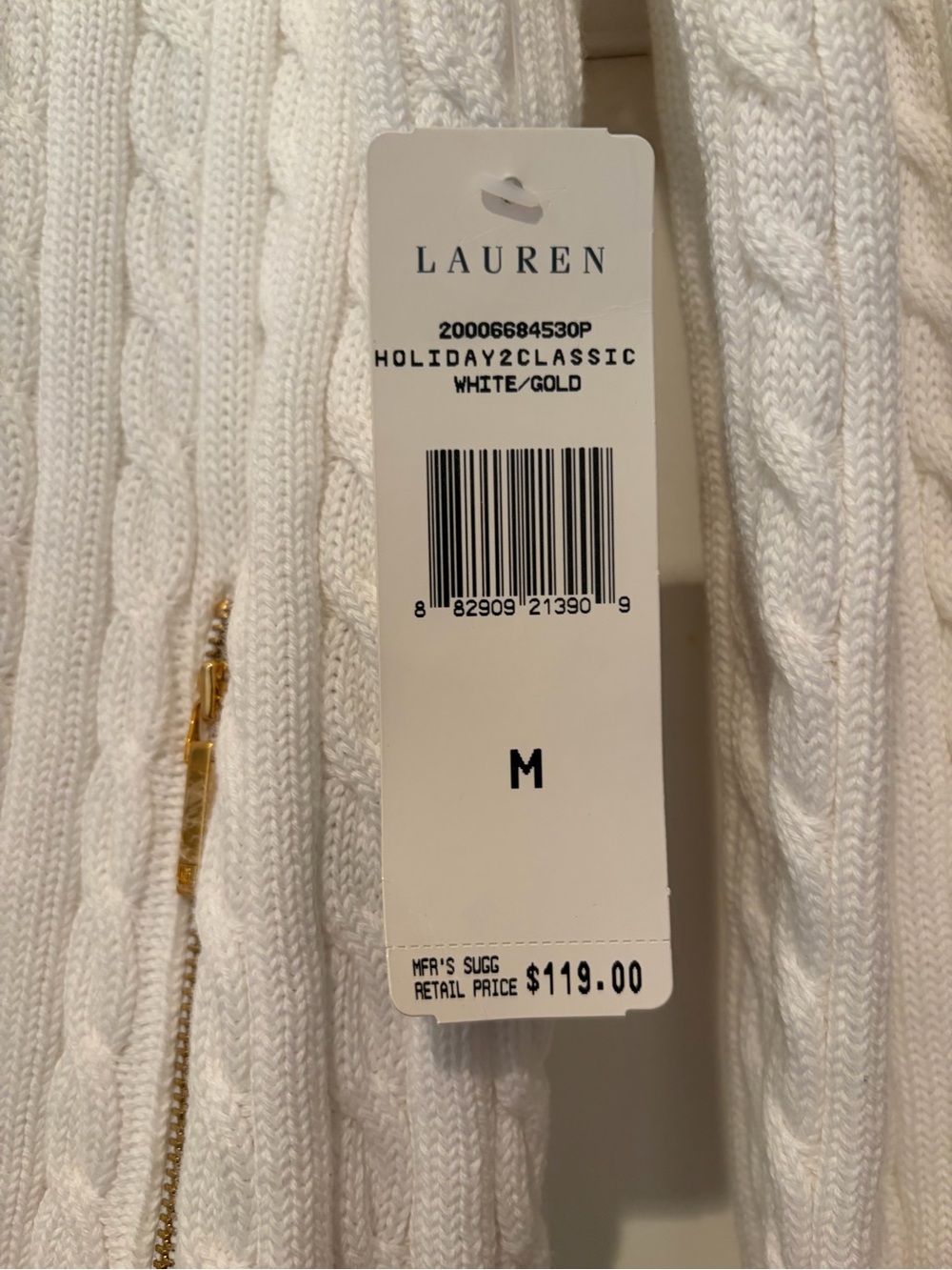 NWT Lauren Ralph Lauren White Cable-Knit Zip Cardigan with Gold Hardware - Picture 7 of 10